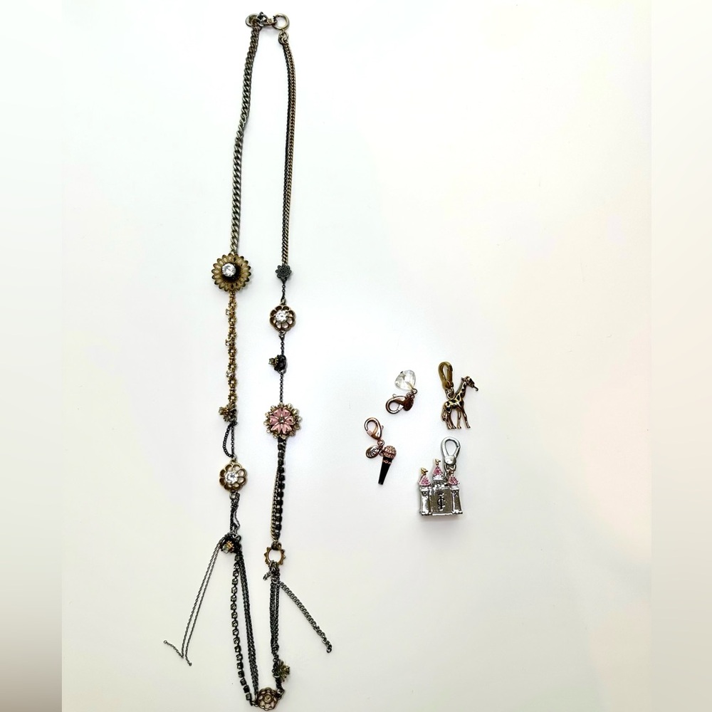 Juicy Couture Chunky Charm Silver Gold Black Tone Crystal Statement Necklace